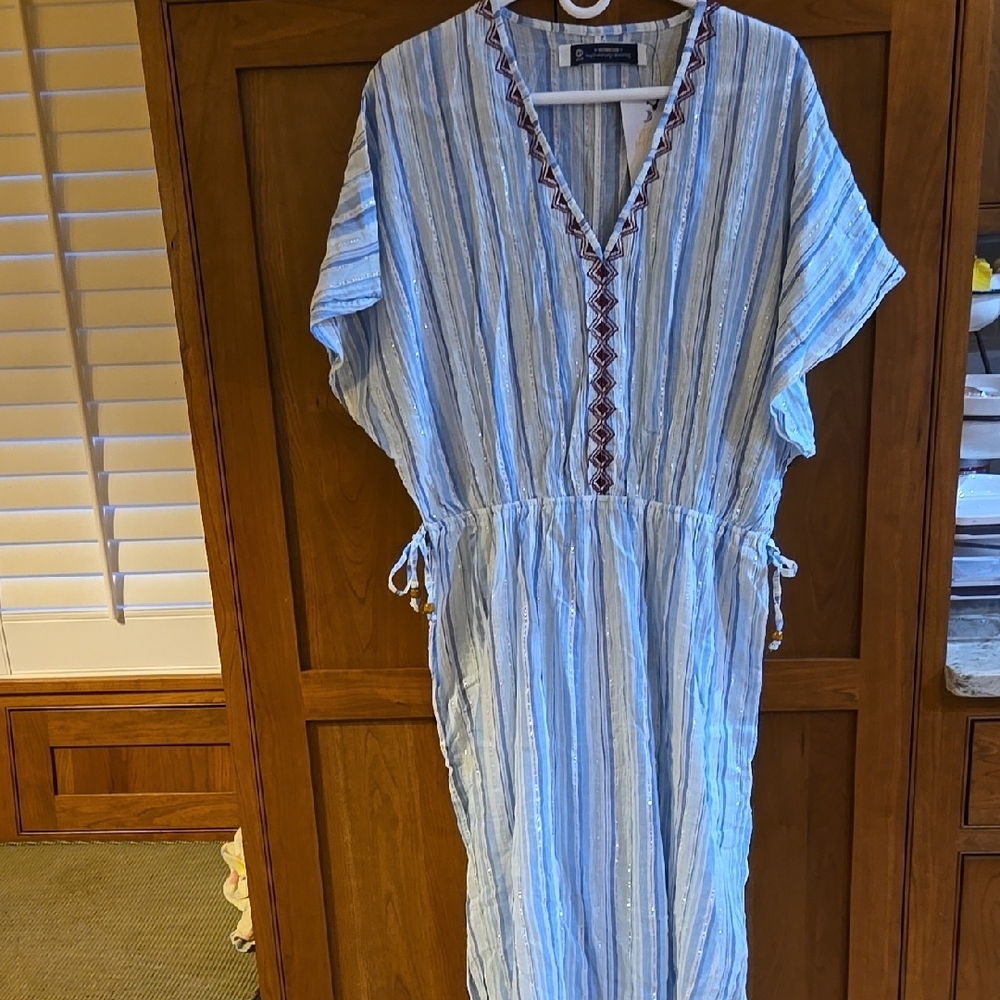 Blue and White Casual V-Neck Midi Sundress
